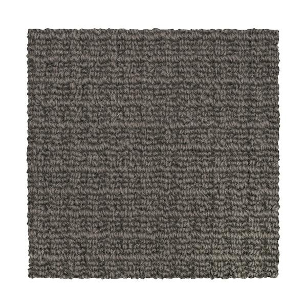 Square swatch of Glen Abbey II Berber Carpet in Suede, featuring a looped, tightly woven texture and sophisticated dark gray tone, displayed against a white background.