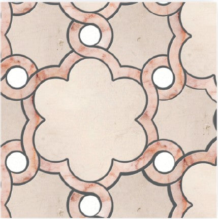 The Glu Polished Marble Mosaic Tile features a pink and beige geometric pattern with interlocking, flower-like shapes and small white circle accents—ideal for adding modern elegance to any interior space.