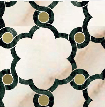 The Glu Polished Marble Mosaic Tile features dark green interlocking curves forming floral shapes with gold circles at the intersections, set on a light beige and cream polished marble background—perfect for stylish interior design.