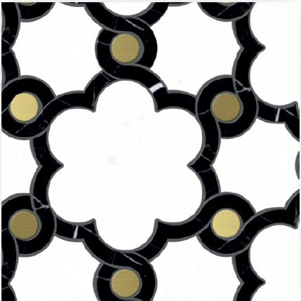 The Glu Polished Marble Mosaic Tile features a repeating geometric pattern with black curved lines forming flower-like shapes and gold-filled circles on a white background, creating an abstract design perfect for elegant interiors.