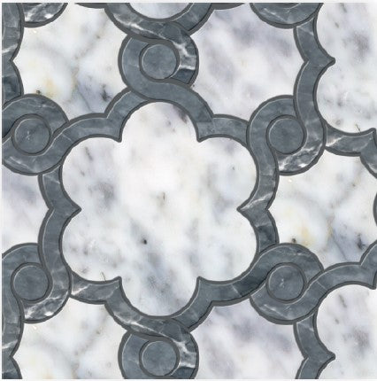 The Glu Polished Marble Mosaic Tile features an interlocking geometric quatrefoil pattern in gray, black, and white marble with curved shapes and circular accents, creating a stylish abstract look for refined interiors.