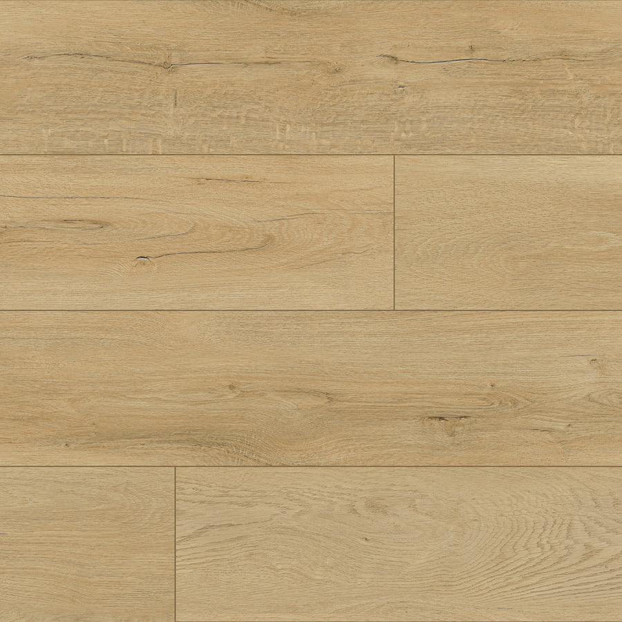 The GrandStep 9" Vinyl Plank from Avalon Flooring features light brown tones, natural grain patterns, and subtle knots. Its smooth finish and horizontal layout offer a warm, stylish look ideal for modern interiors.