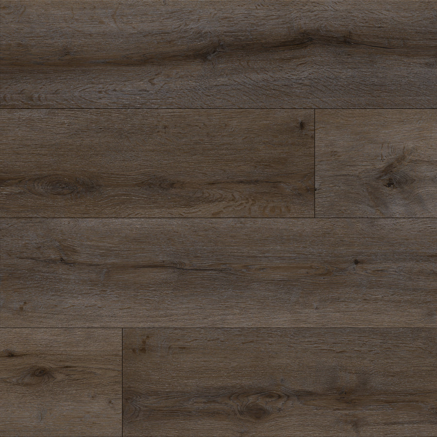 GrandStep 9" Vinyl Plank from Avalon Flooring showcases a medium brown finish with visible wood grain, knots, and subtle tone variations in a staggered pattern for a naturally rustic, weathered appearance.