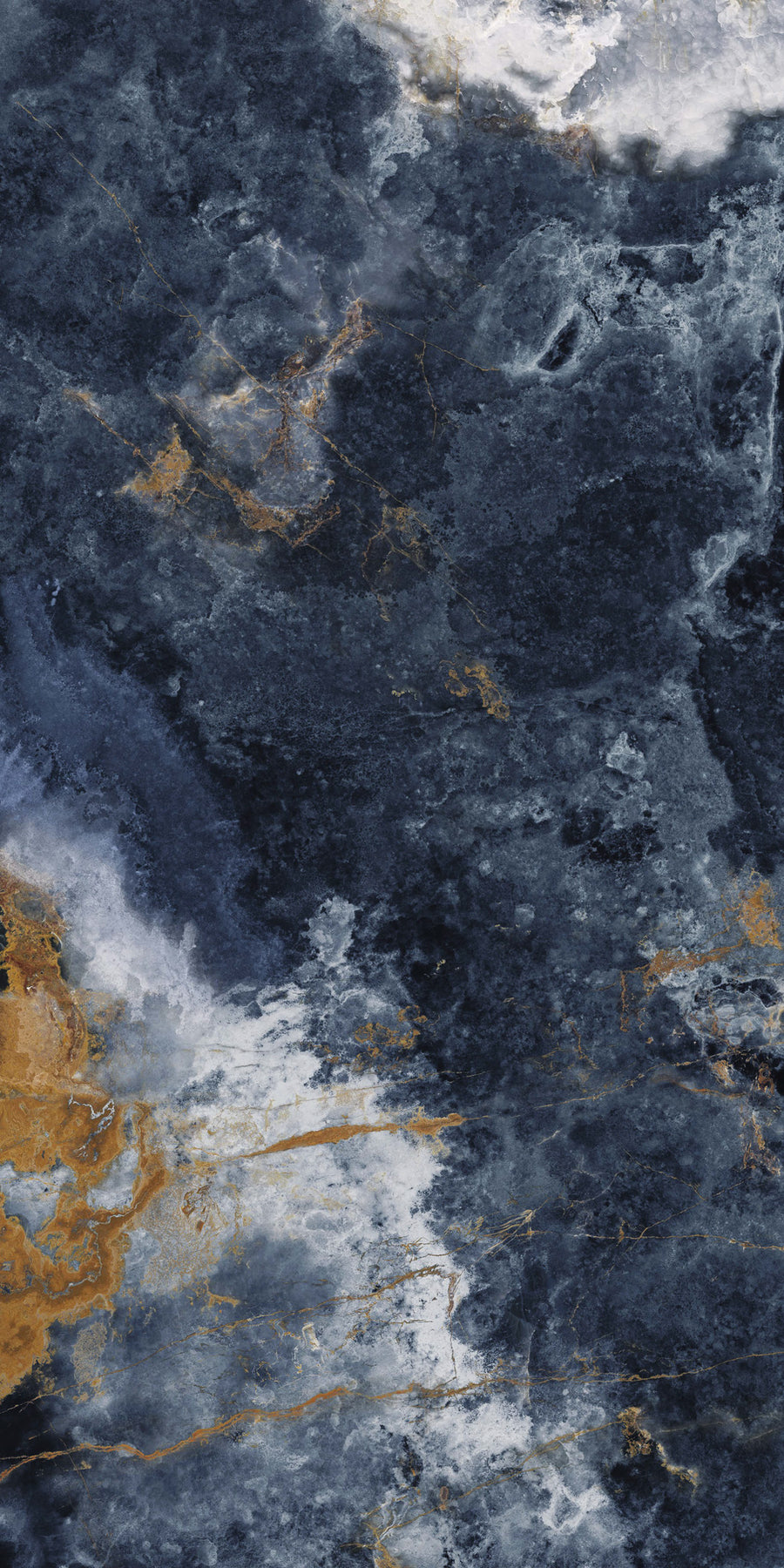 Dark blue and black marble-look porcelain slab features white and gold veins with orange-brown accents, seamlessly mimicking natural stone—perfect for grout-free designs.