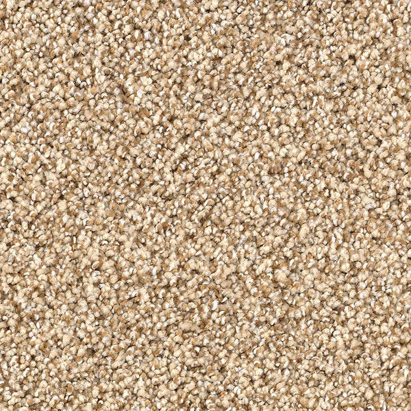 Close-up of Shaded Escape Family Friendly Carpet in Granola, featuring tightly looped, textured beige fibers with a blend of light and medium brown tones for a family-friendly look.