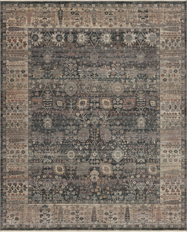 The Echo Area Rug features detailed floral and geometric motifs in blue, gray, beige, and brown, with a wide decorative border encircling an intricate central panel.