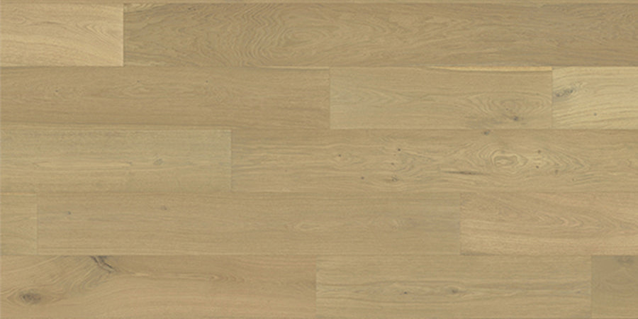Denali II 7 1/2" Hardwood features light brown White Oak planks with a smooth matte finish, showcasing natural grain, subtle knots, and gentle color variations in a staggered layout for an elegant appearance.