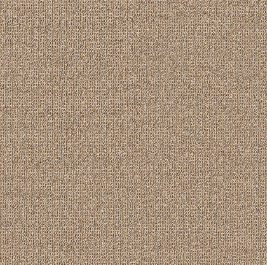 Close-up of Purrfection Beber Carpet in Great Plains, featuring a tightly woven knit and plush texture like luxury carpet. The soft, neutral tan color and consistent stitching highlight its refined quality.