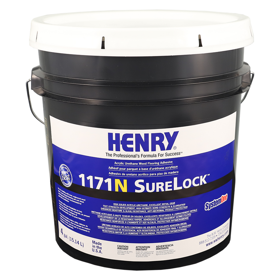 A 4-gallon (15.14-liter) black and white bucket labeled Henry 1171N SureLock, a moisture-resistant acrylic-urethane adhesive for wood flooring, features blue, white, and yellow branding.