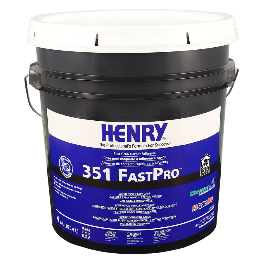 A 4-gallon black bucket of Henry 351 FastPro carpet adhesive with a white lid features blue and white labeling, indicating it's designed for commercial carpet installation and heavy traffic areas.