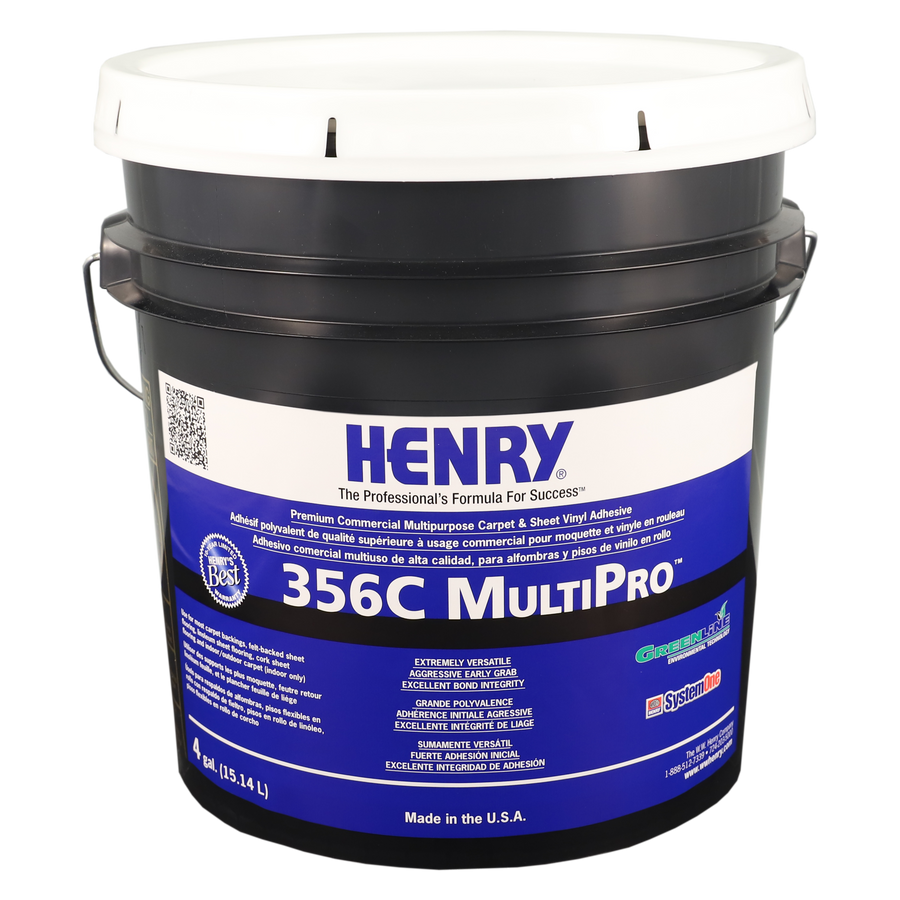 The Henry 356 MultiPro is a black bucket with a white lid, perfect for storing adhesives or materials used in commercial carpet or cork sheet underlayment installation.