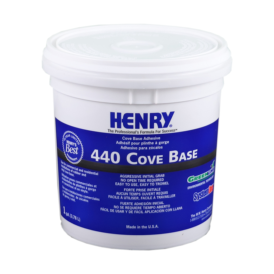 Henry 440 Cove Base Adhesive is a white plastic tub with a blue and white label, designed for professional installation of rubber or vinyl cove base.