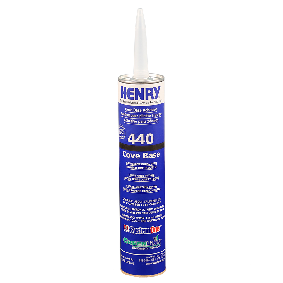 A tube of Henry 440 Cove Base Adhesive, featuring a pointed nozzle and blue and white label, made for installing rubber or vinyl cove base flooring.