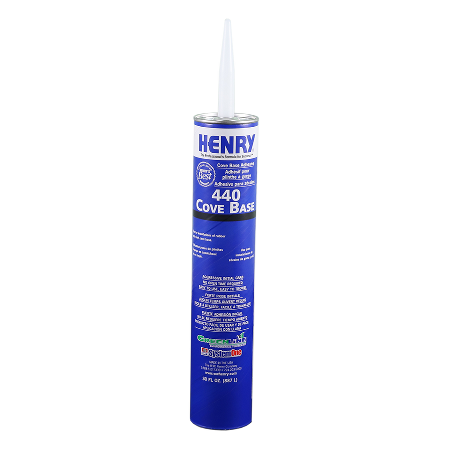 An upright blue tube of Henry 440 Cove Base Adhesive with a white nozzle is displayed on a plain white background. The label, featuring white text, provides product info. Ideal for vinyl or rubber cove base installation.
