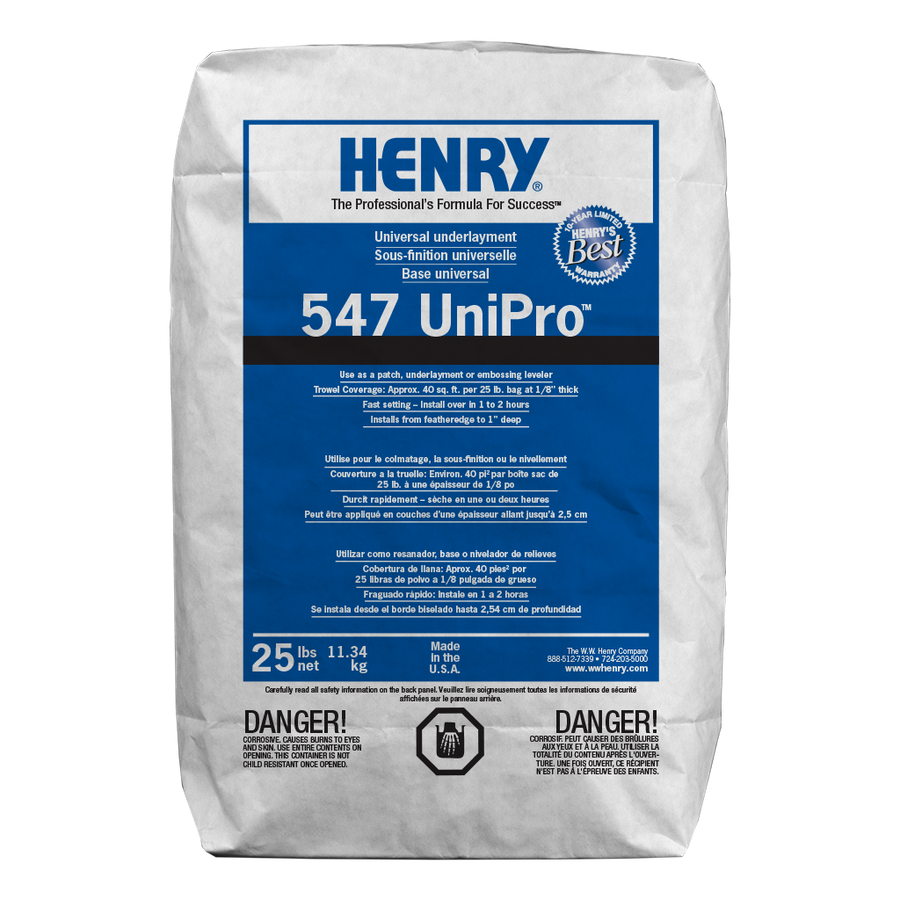 A 25 lb bag of Henry Unipro 547, a cement-based floor patch for smoothing, comes in blue and white packaging featuring product details, usage instructions, and safety warnings.