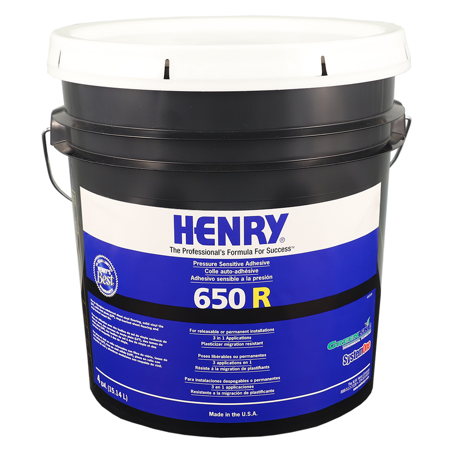A black 4-gallon bucket of Henry 650 R acrylic polymer-based adhesive with a white lid and front label in blue and white displaying product details.