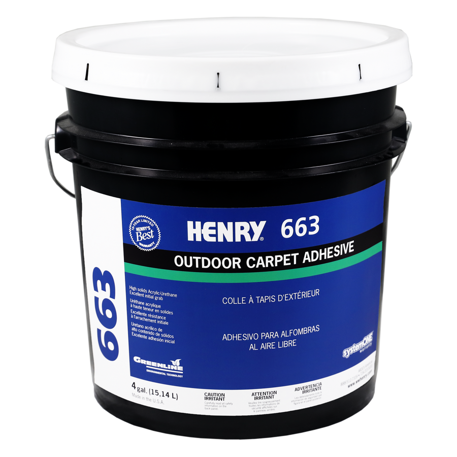 The Henry 663 Outdoor is a black bucket with a white lid, ideal for storing water-resistant adhesive for exterior carpet installation.