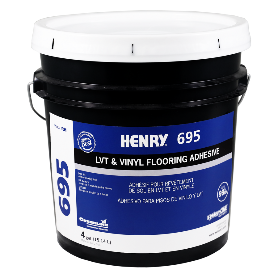 A 4-gallon black and white bucket labeled Henry 695, a moisture-resistant adhesive for vinyl-backed flooring, includes product details and instructions in English, French, and Spanish. The bucket features a handle and a blue label.