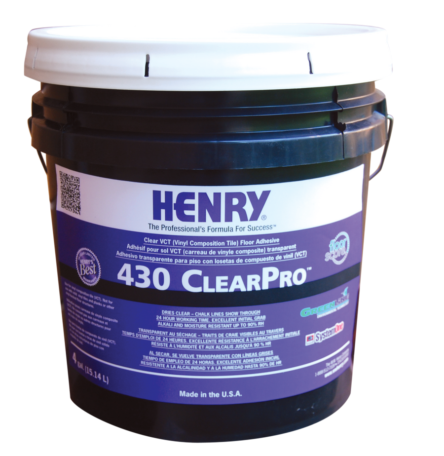 A large black plastic bucket labeled Henry 430 ClearPro contains clear thin-spread adhesive for vinyl composition tile floors. The mostly purple and white label features product details and instructions on the front.