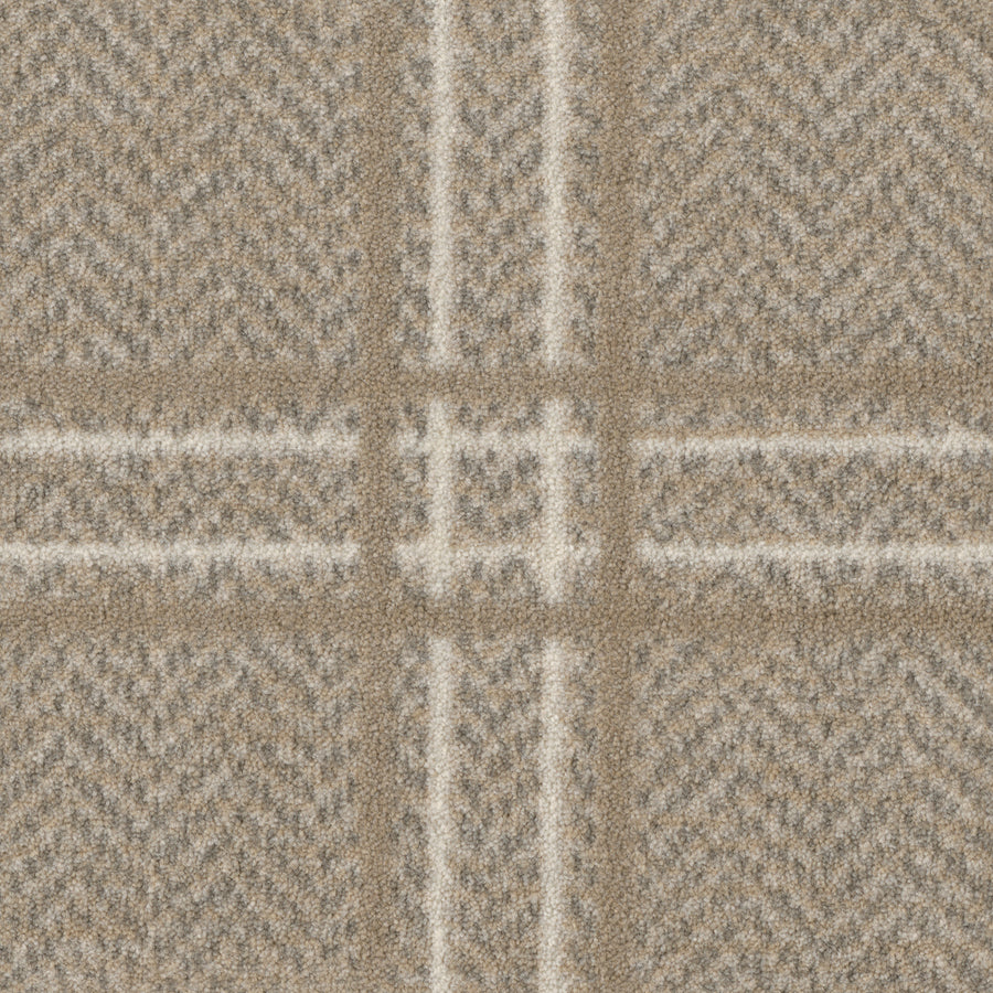 Close-up of Herrington On Trend Carpet in Lambswool, featuring a beige and light brown plaid pattern. Its subtle herringbone weave and intersecting lines offer contemporary style, making it perfect for high-traffic spaces.