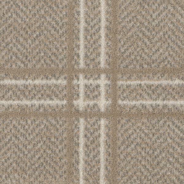 Close-up of Herrington On Trend Carpet in Lambswool, featuring a beige and light brown plaid pattern. Its subtle herringbone weave and intersecting lines offer contemporary style, making it perfect for high-traffic spaces.