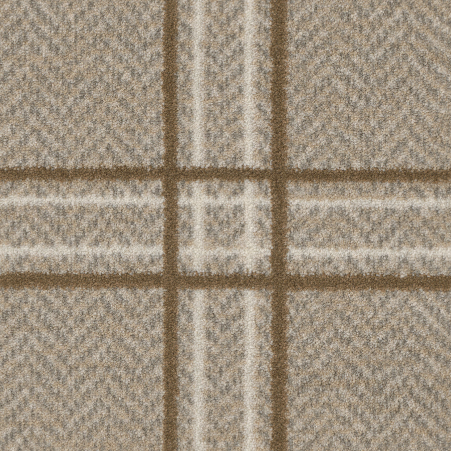 Close-up of the Herrington On Trend Carpet in Jute. Its contemporary plaid design features intersecting beige, brown, and white lines forming squares on a textured surface—perfect for high-traffic areas.