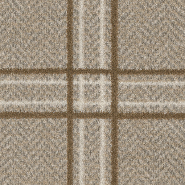Close-up of the Herrington On Trend Carpet in Jute. Its contemporary plaid design features intersecting beige, brown, and white lines forming squares on a textured surface—perfect for high-traffic areas.