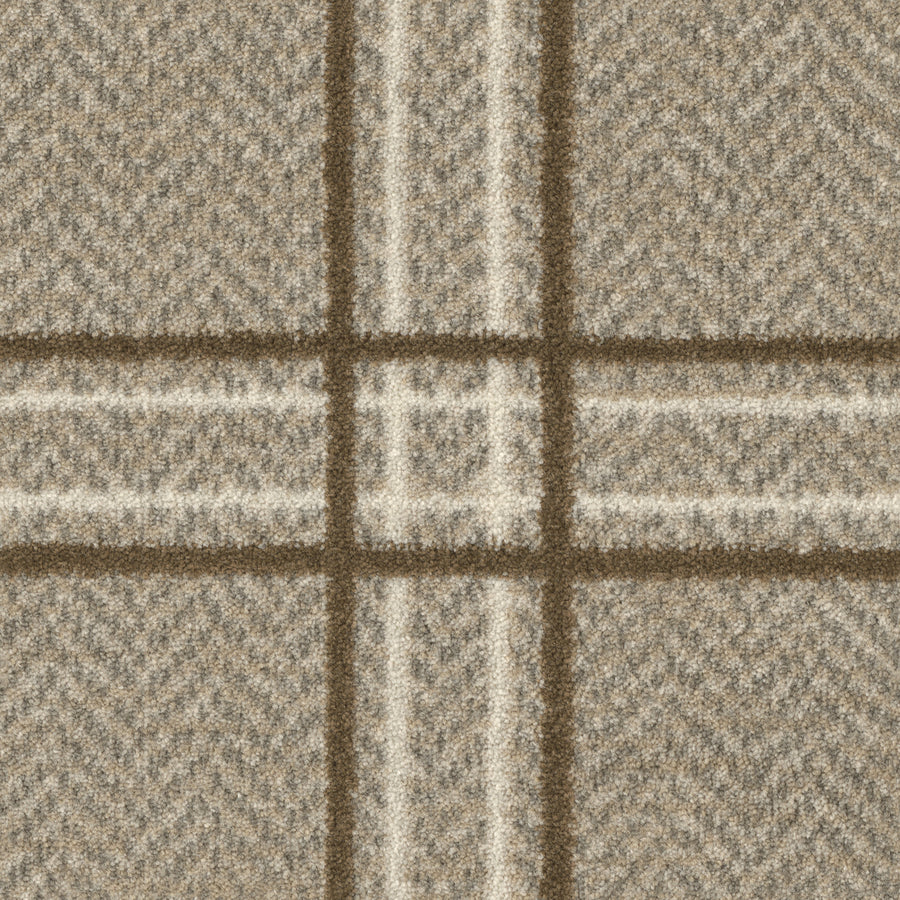 Close-up of Herrington On Trend Carpet in Coir, featuring a durable weave and a modern plaid pattern in beige and brown tones. Its intersecting stripes form large squares, making it stylish and ideal for high-traffic areas.