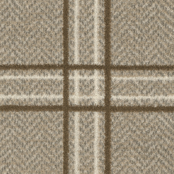 Close-up of Herrington On Trend Carpet in Coir, featuring a durable weave and a modern plaid pattern in beige and brown tones. Its intersecting stripes form large squares, making it stylish and ideal for high-traffic areas.