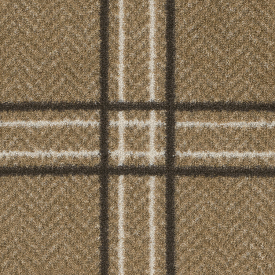 Close-up of Herrington On Trend Carpet in Oilskin, showcasing a brown plaid pattern with intersecting dark, light brown, and white lines. This soft woven carpet is ideal for high-traffic areas and complements contemporary spaces.
