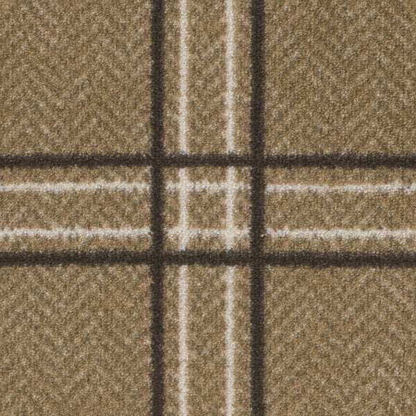 Close-up of Herrington On Trend Carpet in Oilskin, showcasing a brown plaid pattern with intersecting dark, light brown, and white lines. This soft woven carpet is ideal for high-traffic areas and complements contemporary spaces.