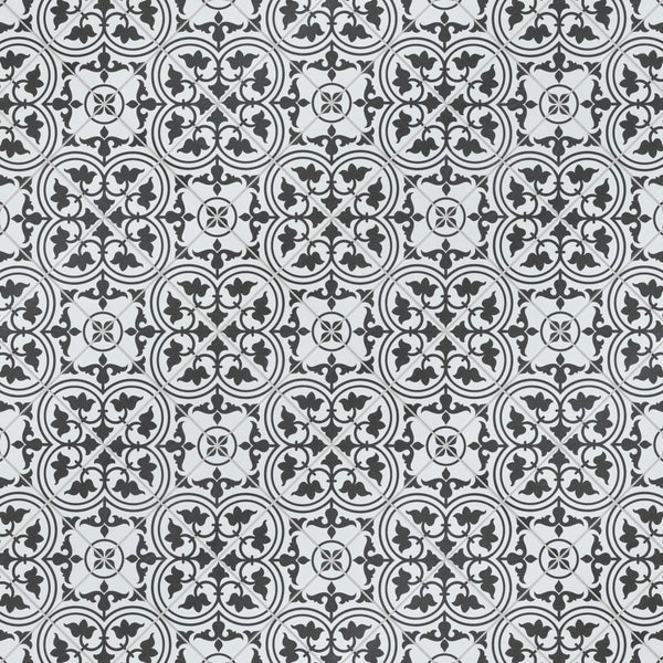 Black and white repeating tile pattern with intricate circular and floral motifs, creating an ornate and symmetrical geometric design.