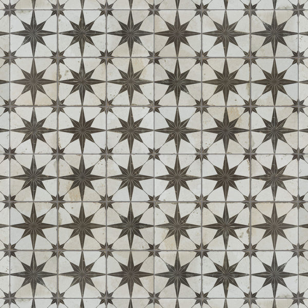 Geometric tile pattern featuring black eight-pointed stars inside hexagonal white tiles, repeated uniformly in a grid across the surface. The overall design creates a striking, symmetrical visual effect.