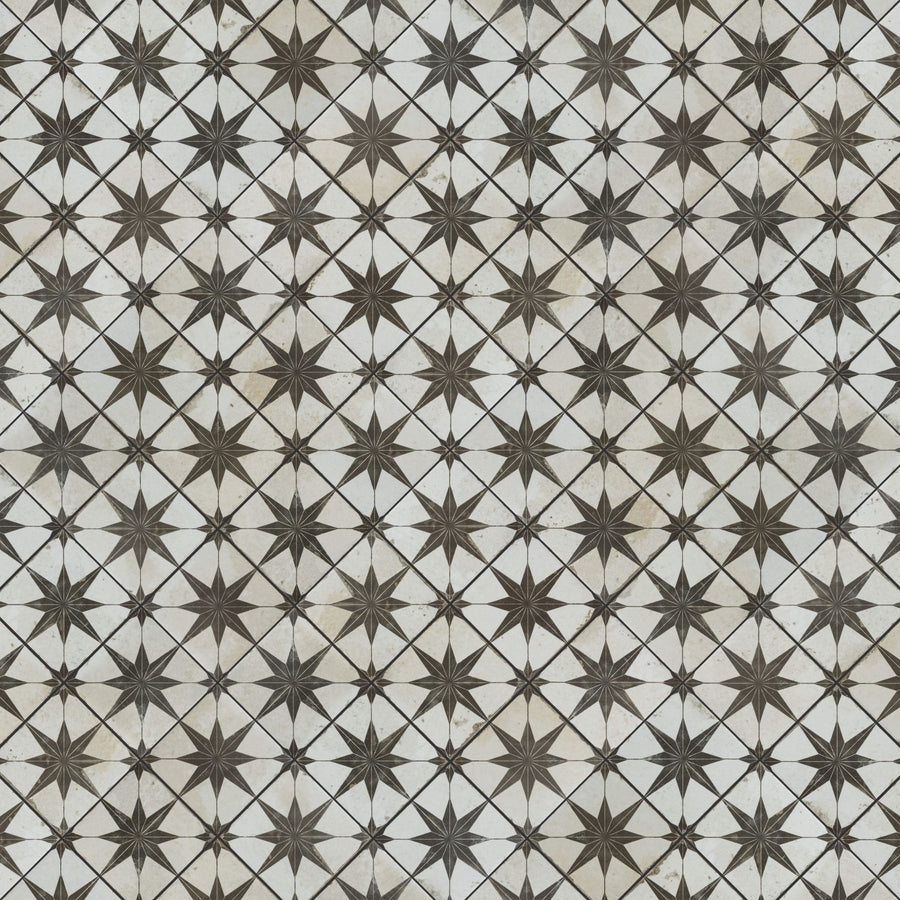 A seamless geometric pattern of star-shaped flowers in black and white arranged in a grid, creating a repetitive and symmetrical tile design.