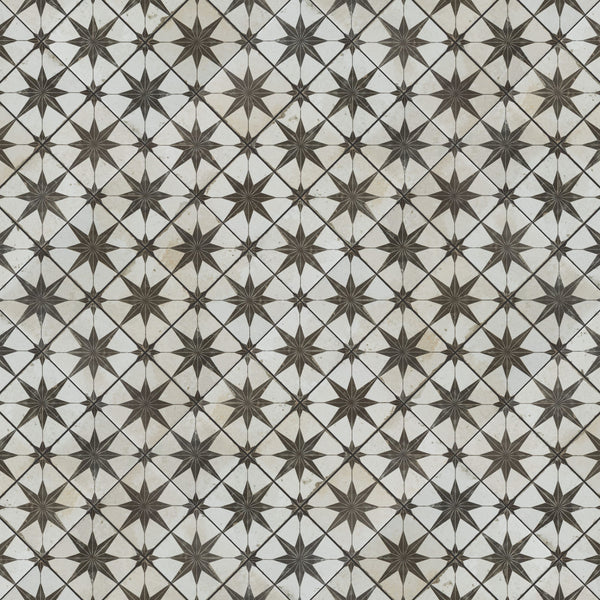A seamless geometric pattern of star-shaped flowers in black and white arranged in a grid, creating a repetitive and symmetrical tile design.