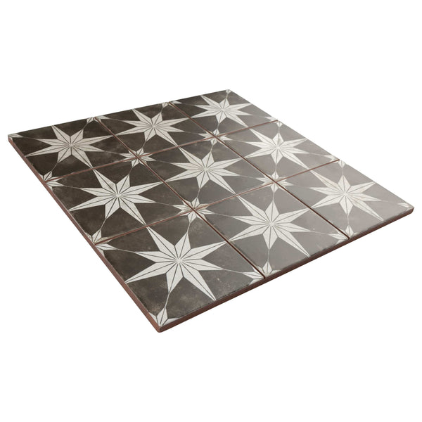 A set of square ceramic tiles with a dark background and a white starburst pattern, arranged in a neat grid to form a larger repeating geometric design.