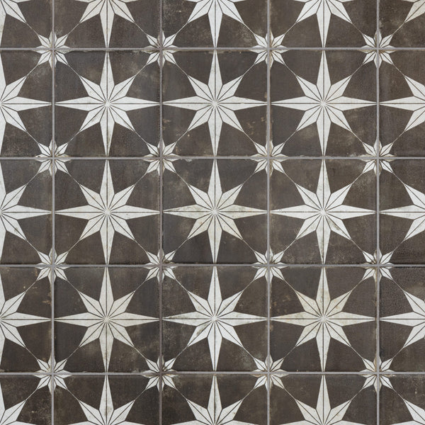 A repeating pattern of white eight-pointed stars on dark brown square tiles, creating a geometric and symmetrical design.