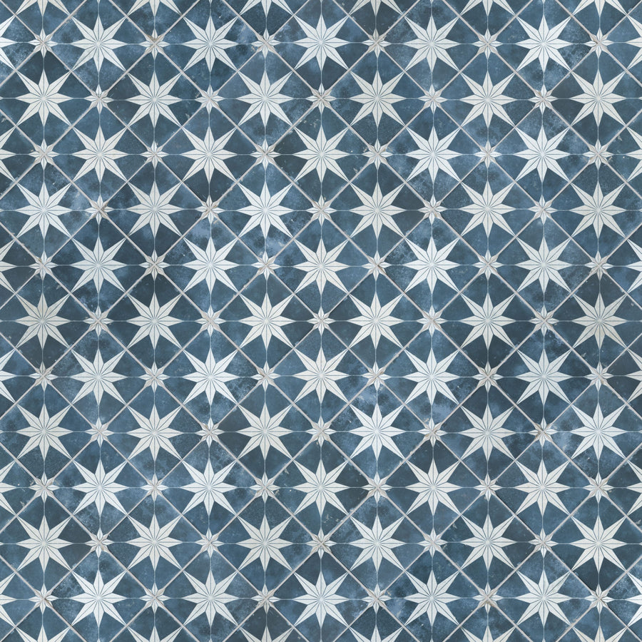 A repeating geometric pattern of white eight-pointed stars on a blue textured background, creating a tiled, symmetrical design.