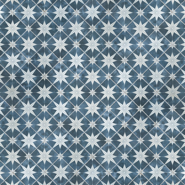 A repeating geometric pattern of white eight-pointed stars on a blue textured background, creating a tiled, symmetrical design.