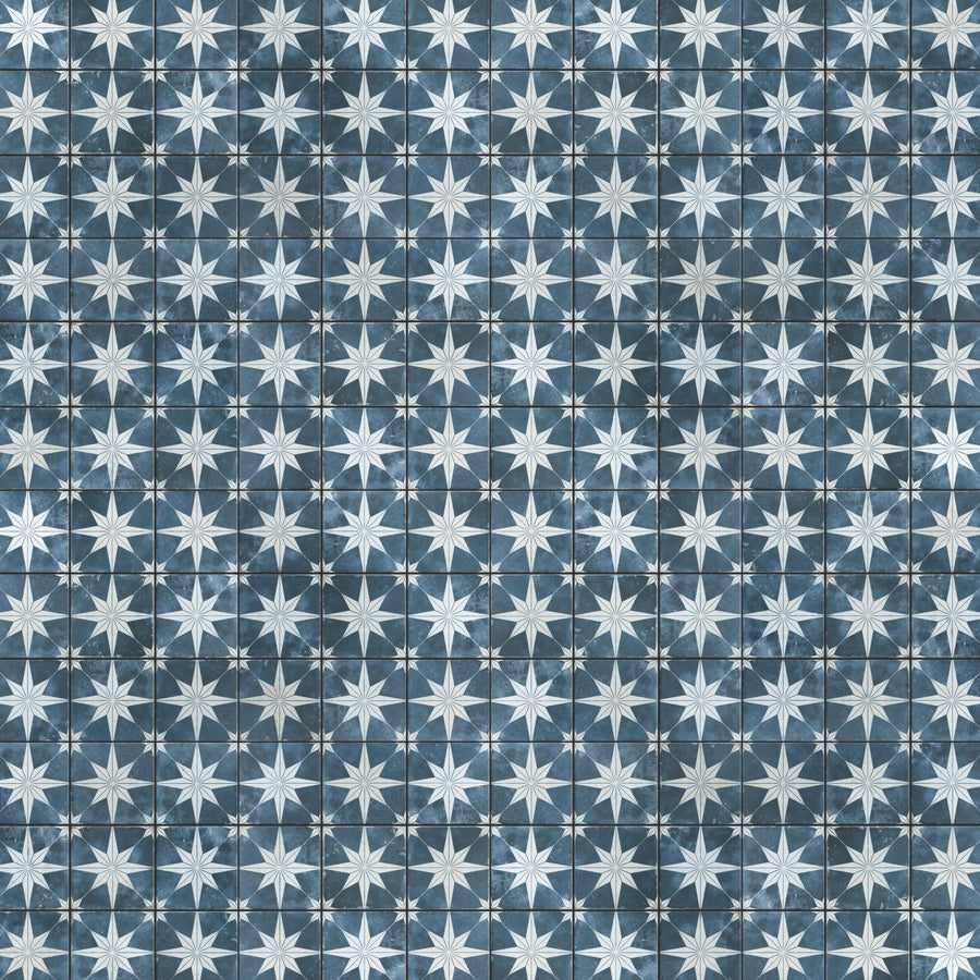 Blue and gray tiled pattern featuring white eight-pointed stars arranged in a grid, creating a repeating geometric design across the surface.
