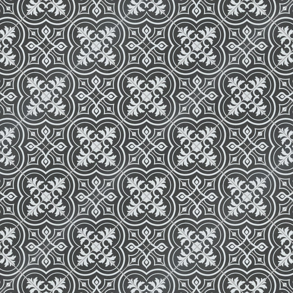 Black and white geometric tile pattern with floral and quatrefoil motifs, featuring intricate symmetrical designs and repeating shapes throughout the image.