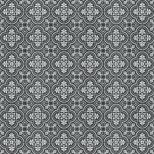 A repeating black and white tile pattern featuring ornate, symmetrical floral and geometric designs, resembling traditional vintage or Moroccan-style motifs.