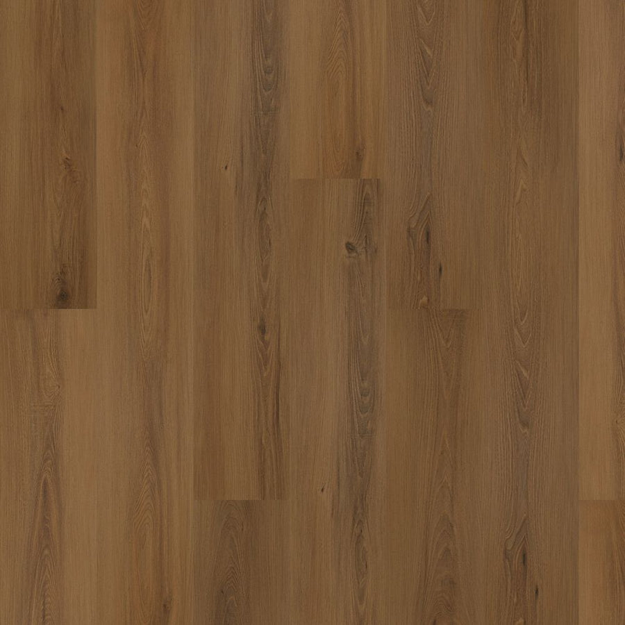 The Eastbrook Shoals 9" Vinyl Plank features a medium brown wood-look with natural grain and subtle knots. Its smooth, matte waterproof finish and parallel installation create a warm, inviting, and seamless appearance.