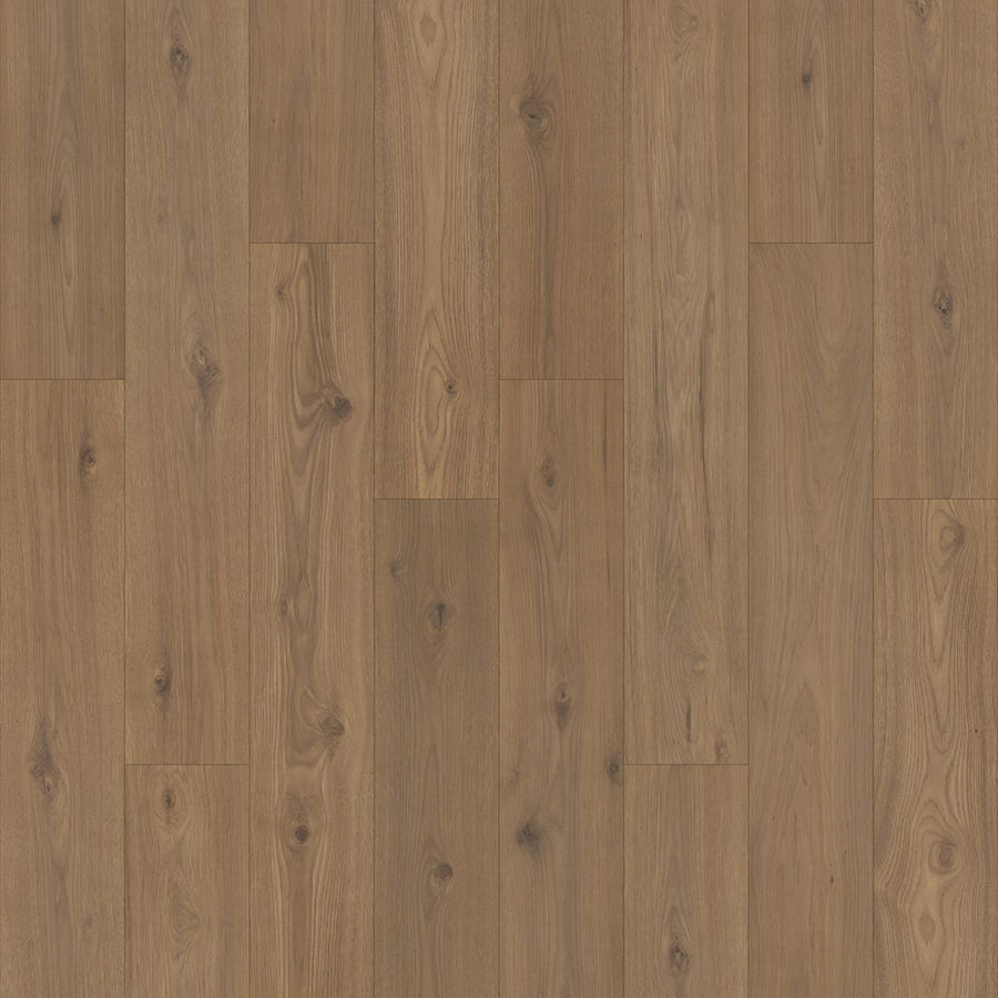 Freywood Springs 8 11/32" Waterproof Laminate in Hazelnut Hickory features a light brown wood look with natural grain, visible knots, and staggered planks. The smooth, moisture-resistant surface ensures durability and adds rustic warmth to any space.