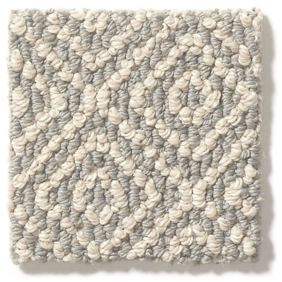 The Stroll Pet Friendly Carpet sample is square and durable, featuring a textured loop style in light grey and off-white with a repeating geometric diamond pattern.