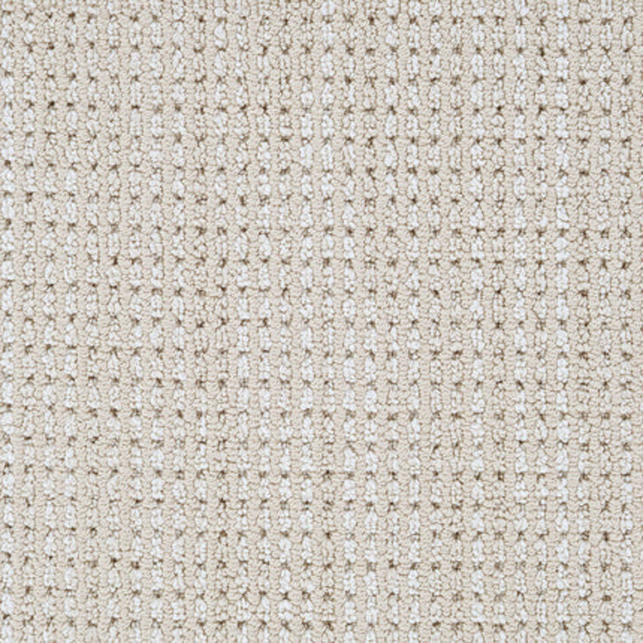 Close-up of Top Notch Berber Carpet in Hemp color, showing a soft, beige textured fabric with a grid-like woven pattern and subtle vertical and horizontal lines—ideal for stain-resistant upholstery or carpeting.