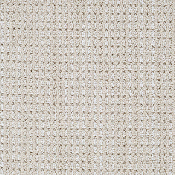 Close-up of Top Notch Berber Carpet in Hemp color, showing a soft, beige textured fabric with a grid-like woven pattern and subtle vertical and horizontal lines—ideal for stain-resistant upholstery or carpeting.