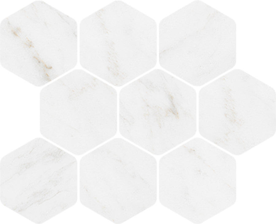 The Mykonos 3" Hexagon Mosaic Tile features a white honeycomb pattern, subtle light gray and beige marble-like veining, a glazed finish, and thin, evenly spaced grout lines.