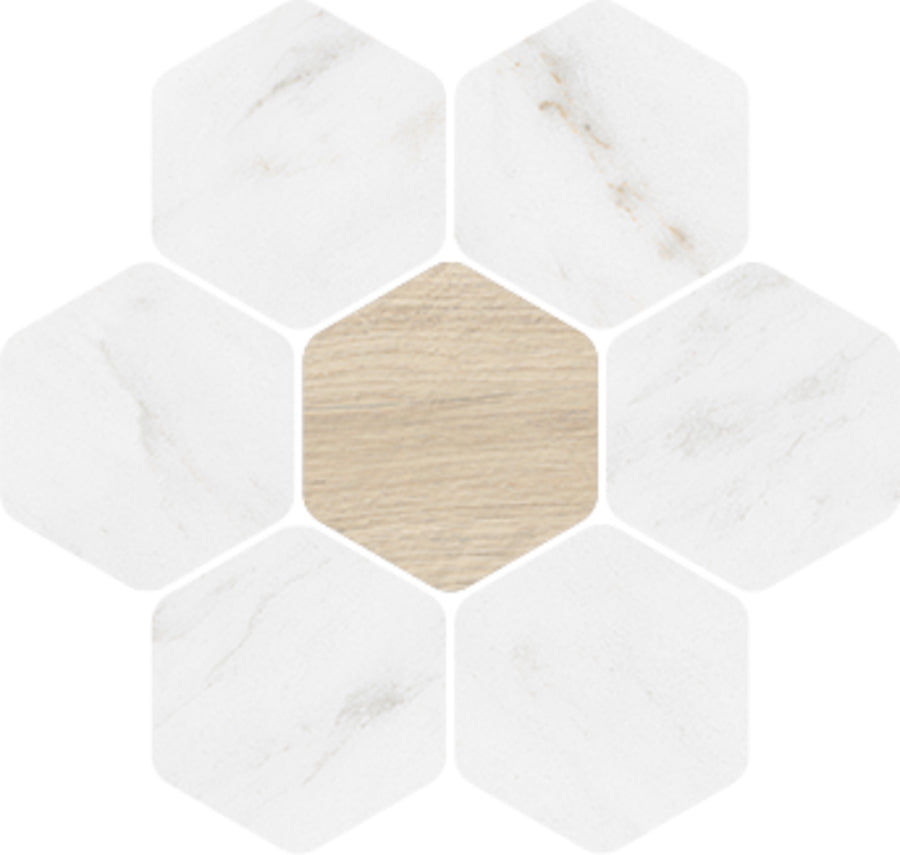 The Mykonos 3" Flower Mosaic Tile features six white marble-textured hexagons encircling a central light wood-textured hexagon, creating a timeless flower-shaped mosaic pattern.
