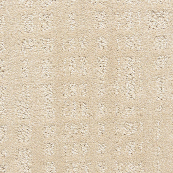 Close-up of Willow Lake On Trend Carpet in Holiday color, showing a textured beige surface with raised geometric squares and rectangles—perfect for high-traffic areas due to its decorative and durable design.